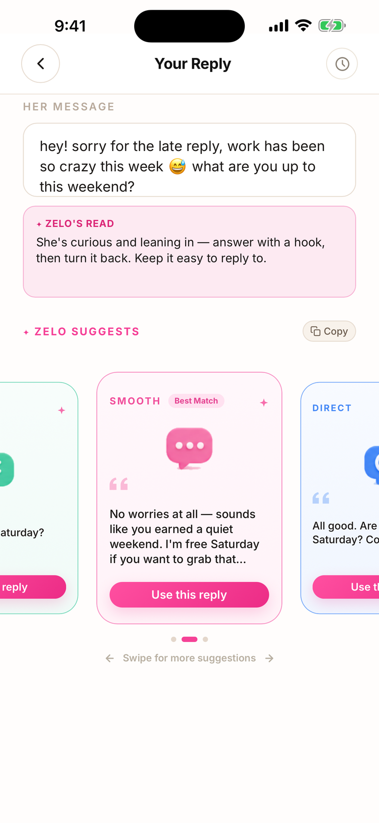 Zelo app showing reply suggestions for a received message, with Smooth, Direct and Shorter tone cards